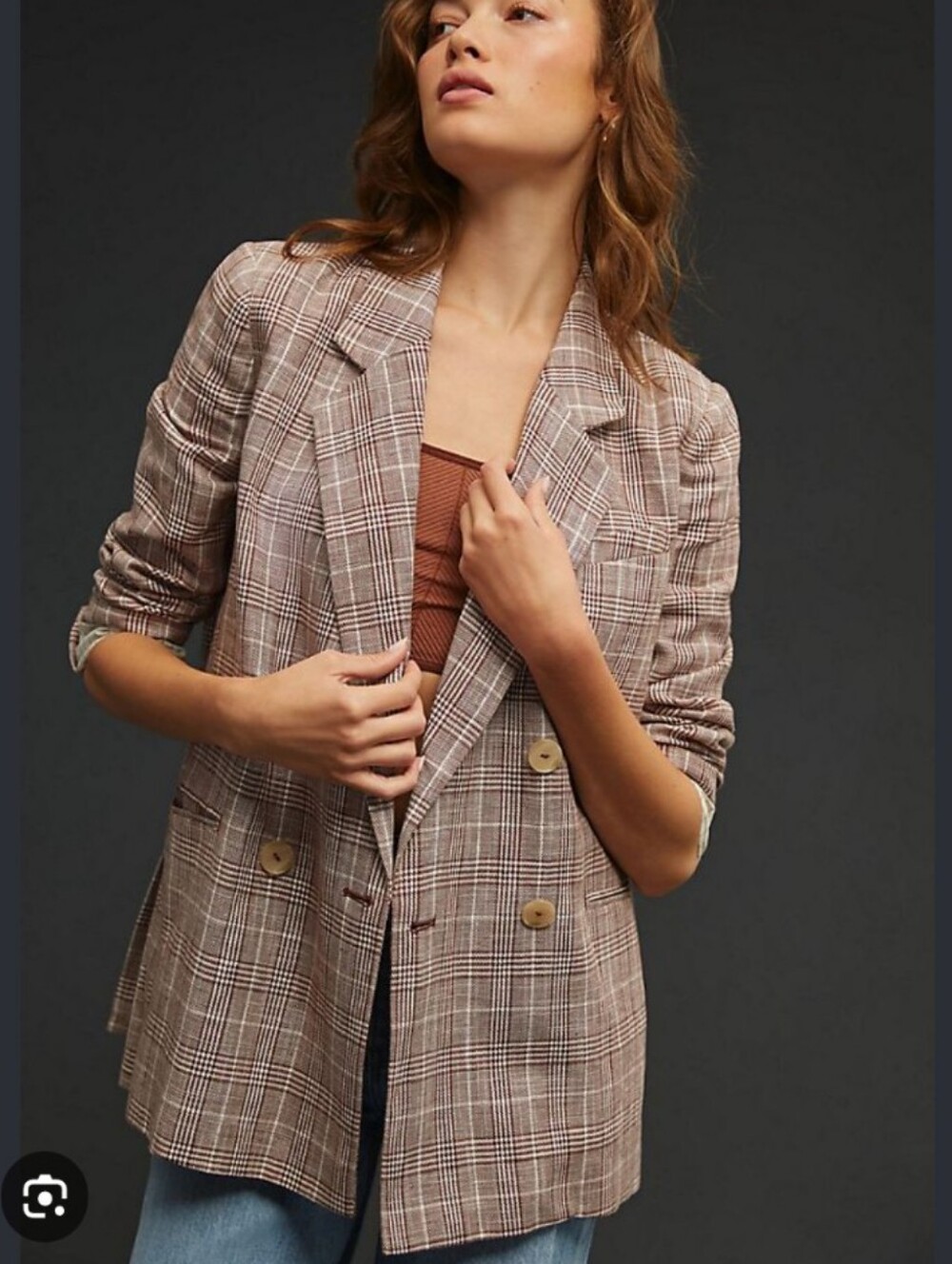 Maeve Double Breasted Plaid Long Blazer Cotton Linen Blend Anthropologie